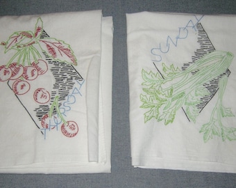 Tea Towels, Hand Embroidered Dish Towel Set of 3 Fruits Vegetables 28" x 33" various sizes, Flour Sack Fabric