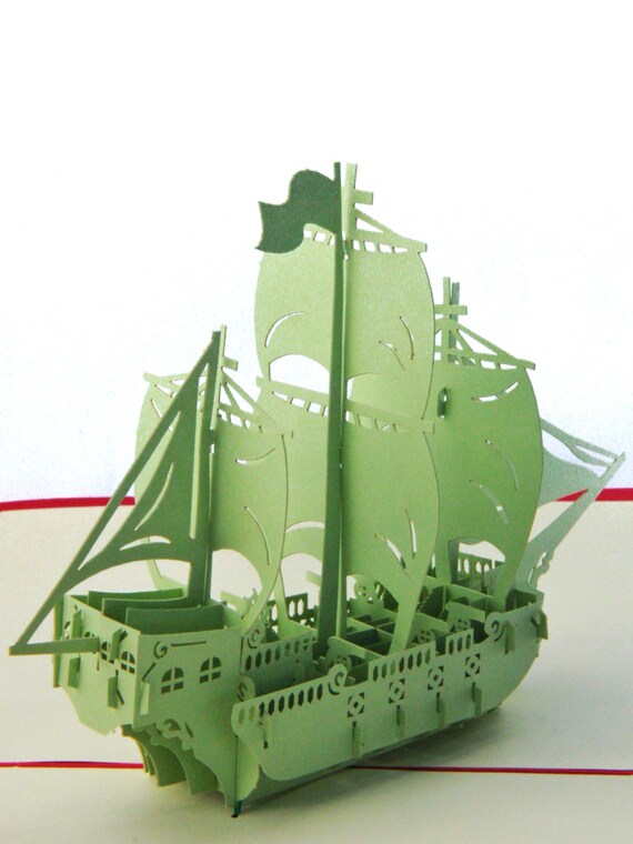 Pirate Ship Popup Greeting Card Green Boat Pop-Up Paper Art