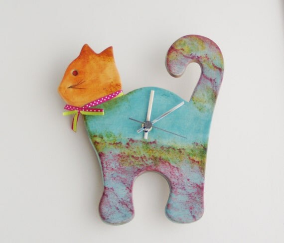 Blue cat wall clock ceramic wall clock of by ArktosCollectibles