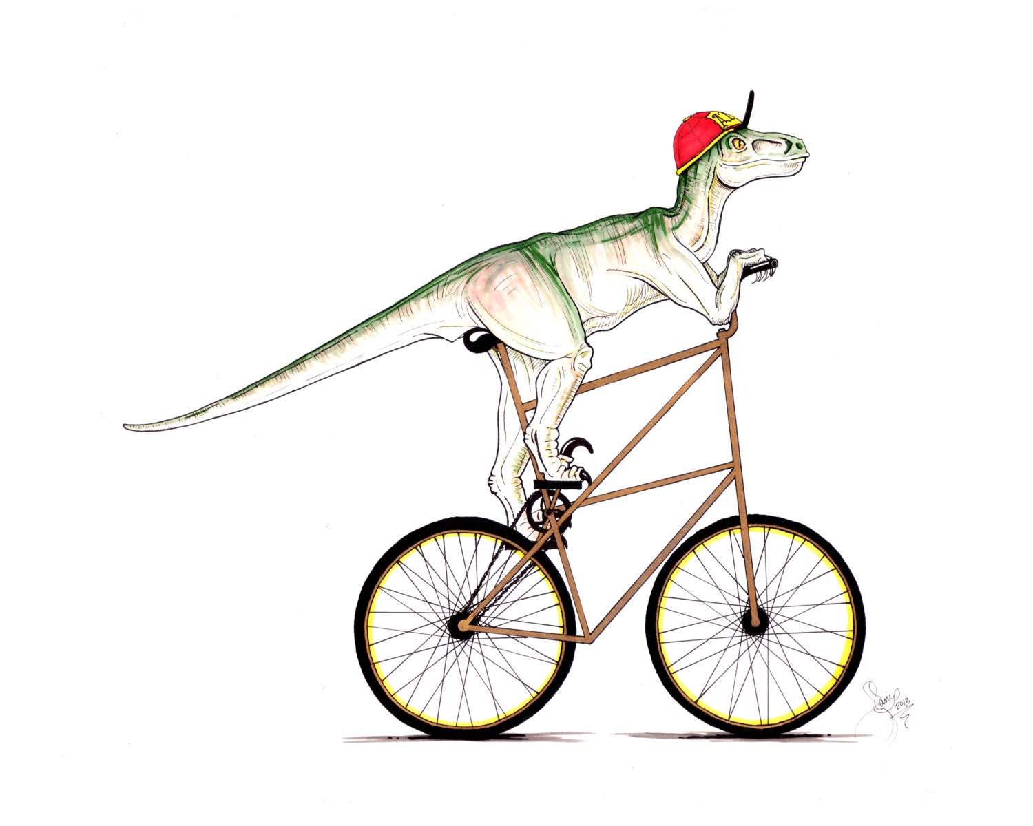 velociraptor riding a bike