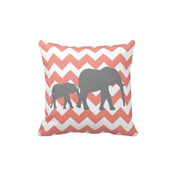 Chevron Elephant Throw Pillow & Cover-Coral-Grey-White OR