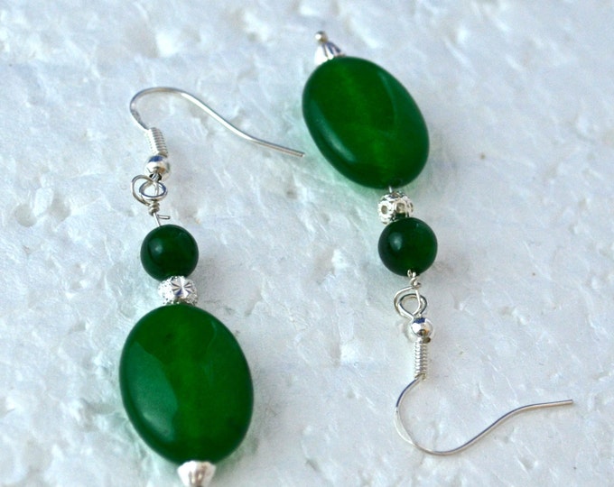 Emerald Gembead Earrings, 2" long, Natural, All Metal is Sterling E260