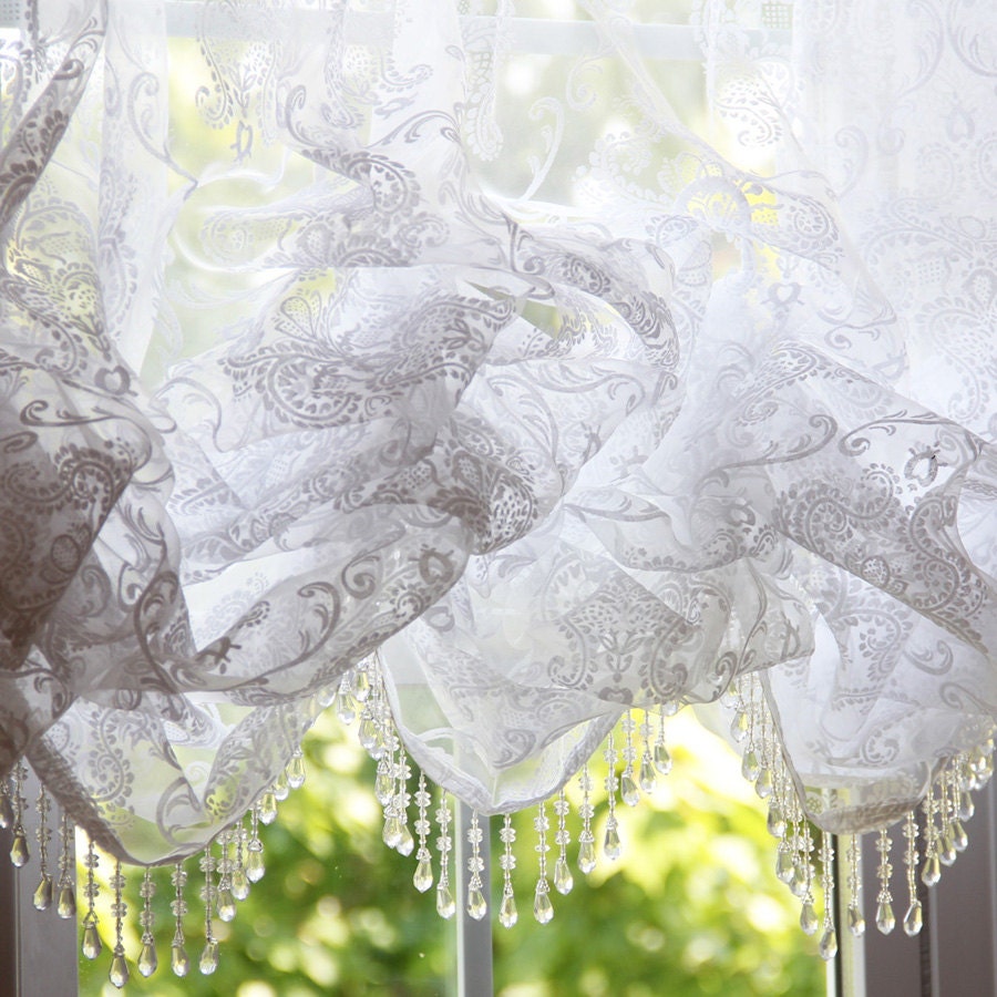 Balloon Curtain Valance Clear Beaded Fringe White Damask