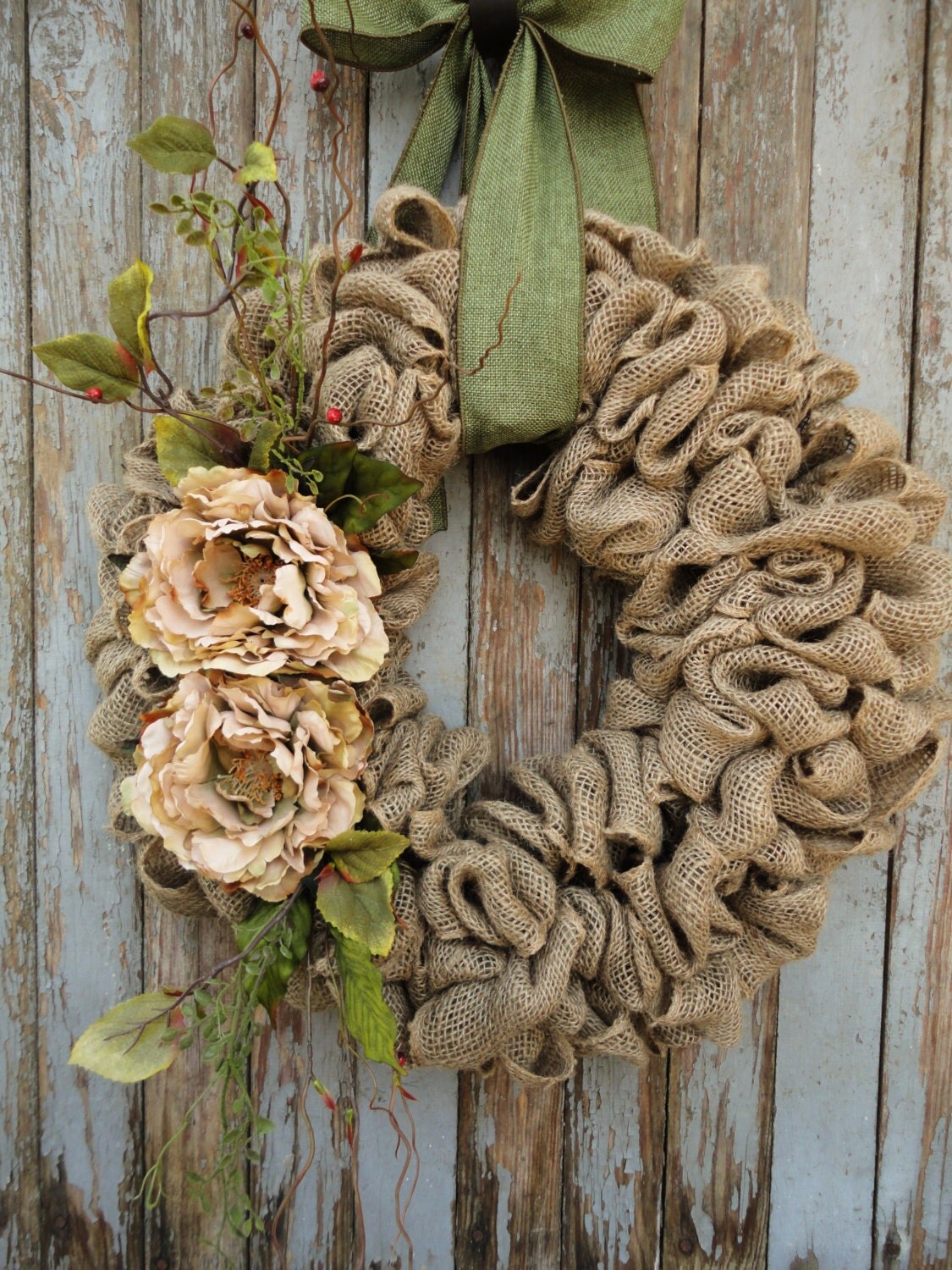 Wreath with Beige Peony flowersBurlap WreathGrapevine