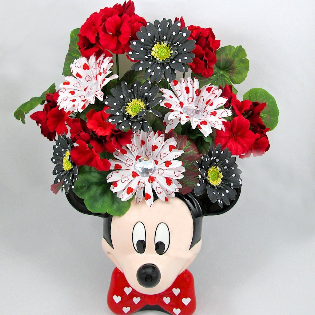 Silk Floral Arrangement in a Mickey Mouse Ceramic Planter with