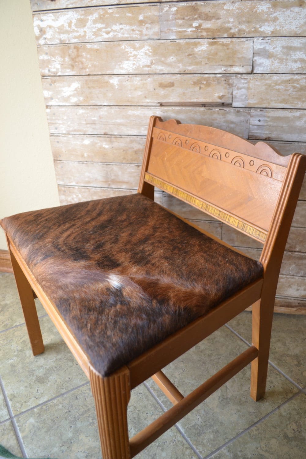 Vintage Oak Wooden Vanity Bench or Chair Detailed