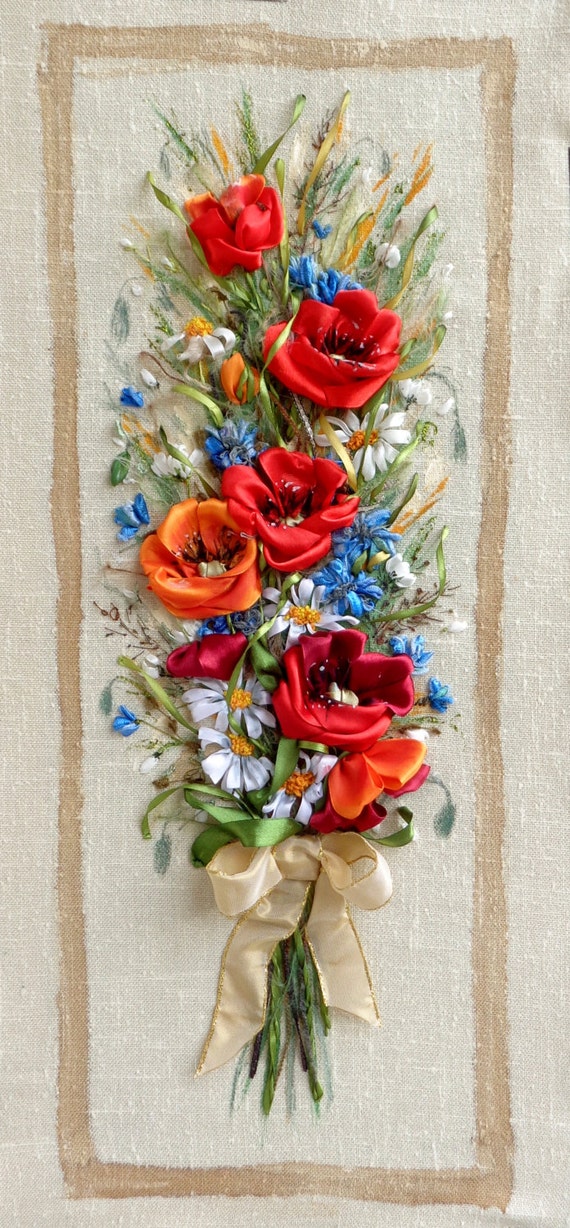 picture Wildflowers bouquet .Silk ribbon