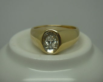 Vintage 1950s Heavy 14K Yellow Gold and Oval Diamond Mens Ring