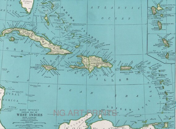 Map of Cuba West Indies Map Caribbean Map 1950 by NGArtPrints