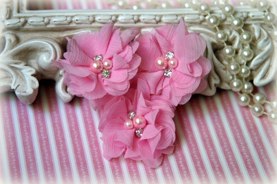 Pink Chiffon Flowers with Pearls and Rhinestone Center, for Headbands, Clothing, Sashes, Crafting,Set of 3, approx. 2 inches across, FL-168