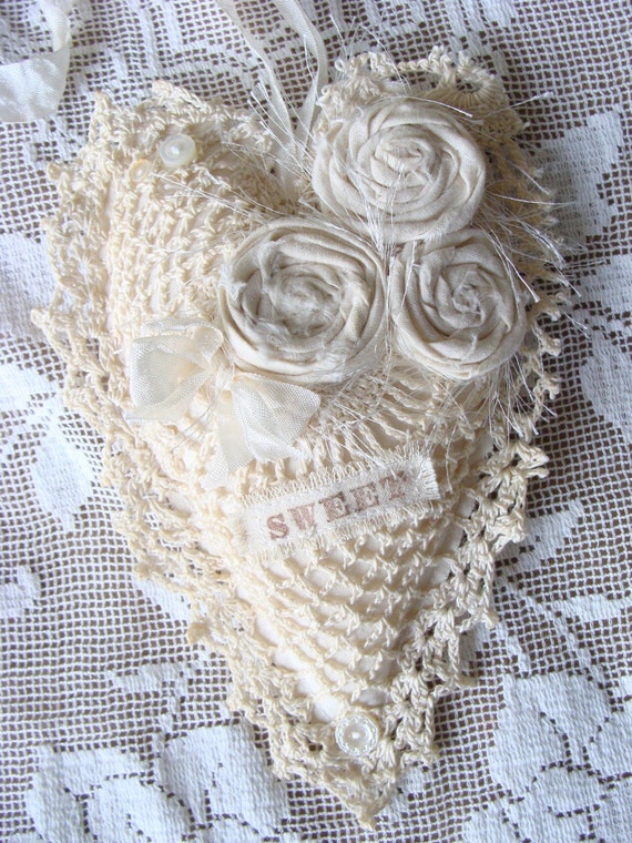 Shabby Fabric Heart Vintage Lace Heart Ornament Stuffed Fabric