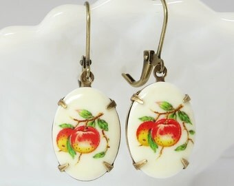 Peach Peaches Earrings Dangles Fruit Earrings Fruit Ear Dangles Spring Summer Earrings Vintage Milk Glass Jewelry Shabby Chic Retro Jewelry