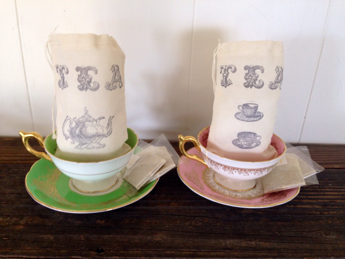 Tea Cup and Teapot Favor Bag Muslin Party Favor Rustic Wedding