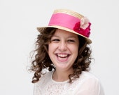 Dunfermline - Straw Boater hat with fuchsia and pale pink silk flowers