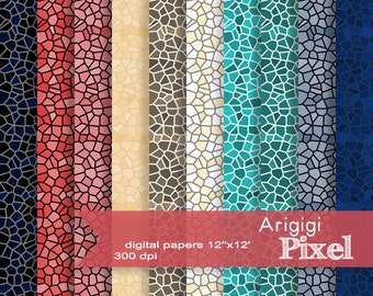 mosaic digital sheet, scrapbooking papers, stained glass effect, red and blue tones digital background, mosaic download
