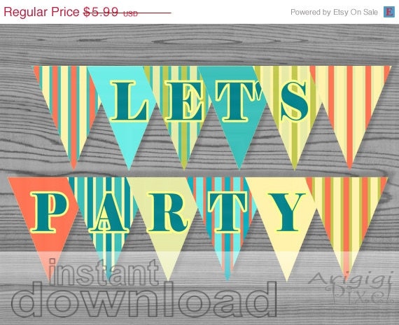 WEEKEND SALE 50% OFF Let's Party Printable Party Banner, party decoration, striped patterned pennant, summer colors, holiday printables, Pdf Il_570xn