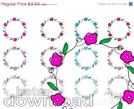 ON SALE 50 % OFF flower circles clip art set, wedding floral wreath clipart, pink purple blue colors, round frame, commercial use clipart, Il_570xn