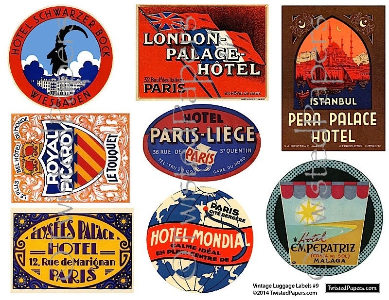 8 Large LUGGAGE LABELS Vintage International Travel Luggage