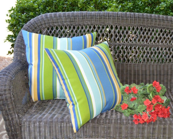 Set of 2 Pillow Covers Blue Green Yellow White Stripe