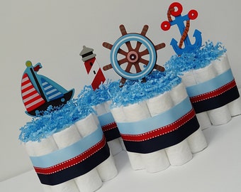 Set Of 4 Blue Nautical Diaper Cake s Baby Shower Centerpiece 
