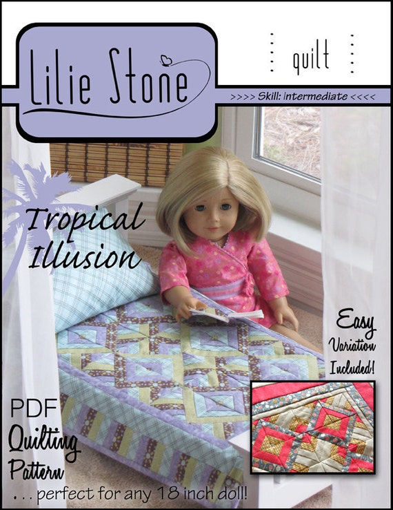 Pixie Faire Lilie Stone Tropical Illusion Quilting Doll Bedding Pattern for 18 inch American Girl Dolls - PDF