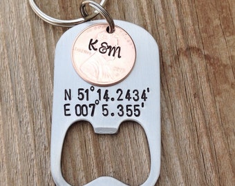 Custom bottle opener hand stamped coordinates lucky penny anniversary gift wedding gift