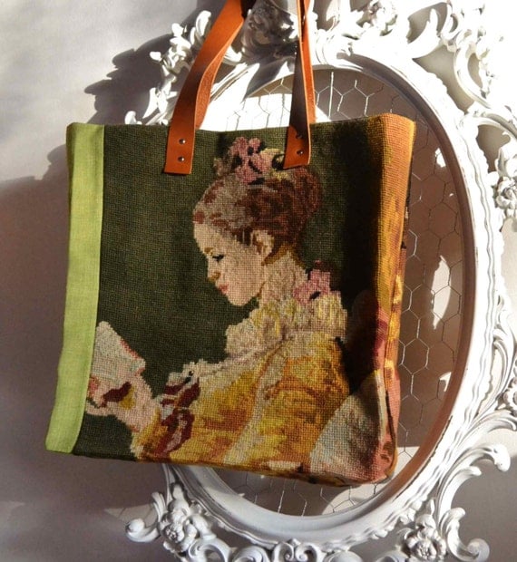 Needlepoint tapestry shopping tote bag
