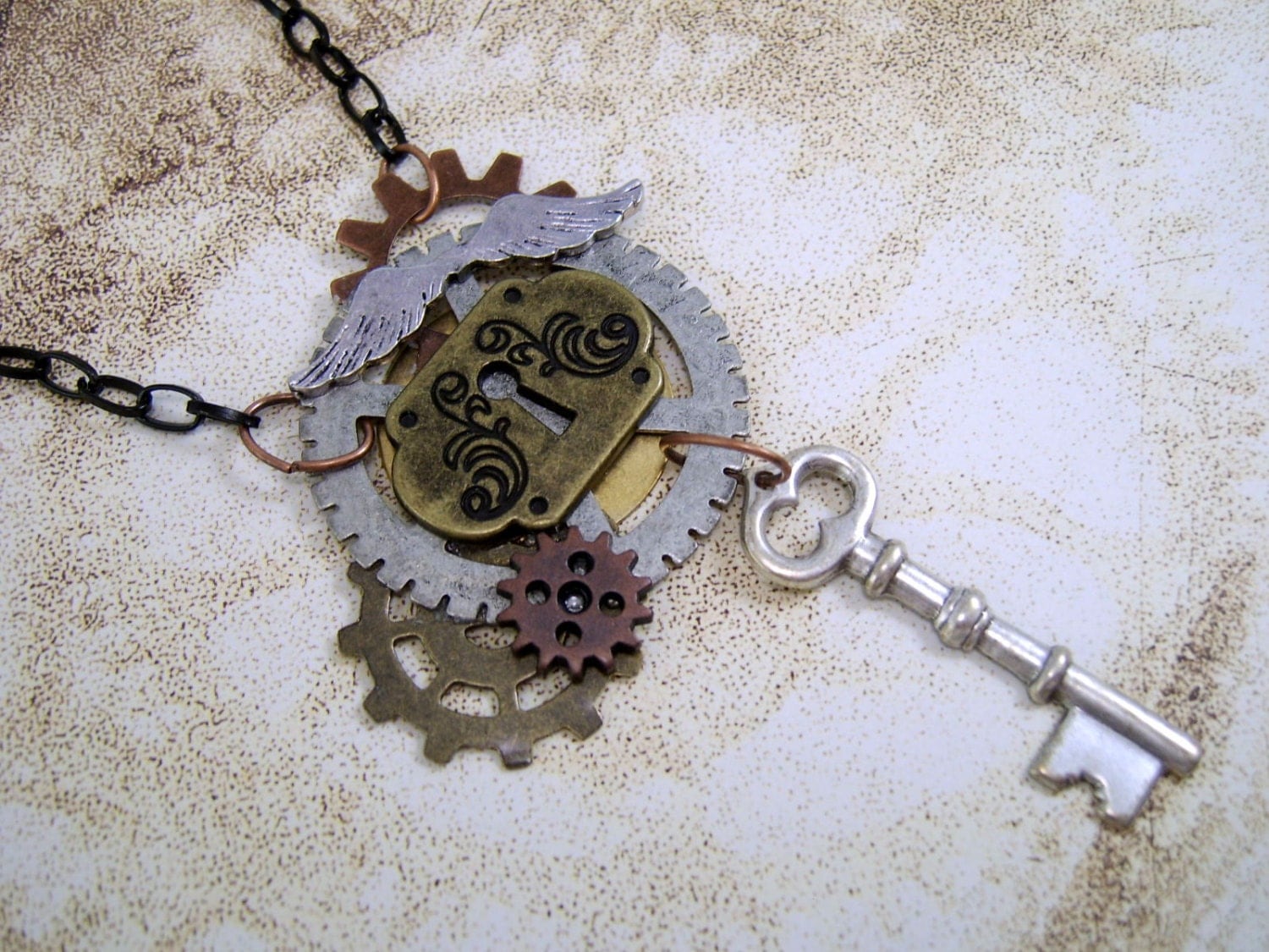 Whimsical Flying Gears Collage Necklace steampunk buy now online