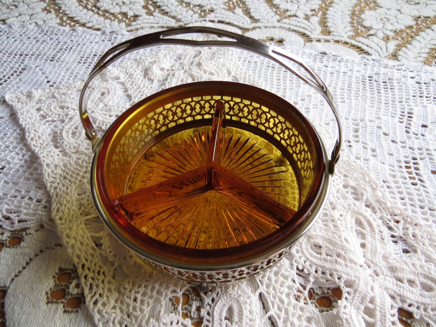Vintage THREE SECTION DISH Marigold Amber Honey Gold Serving Silver