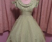 Vintage 1950's green party dress with 3D roses, rhinestones and pearls possibly by Julie Miller of Ca