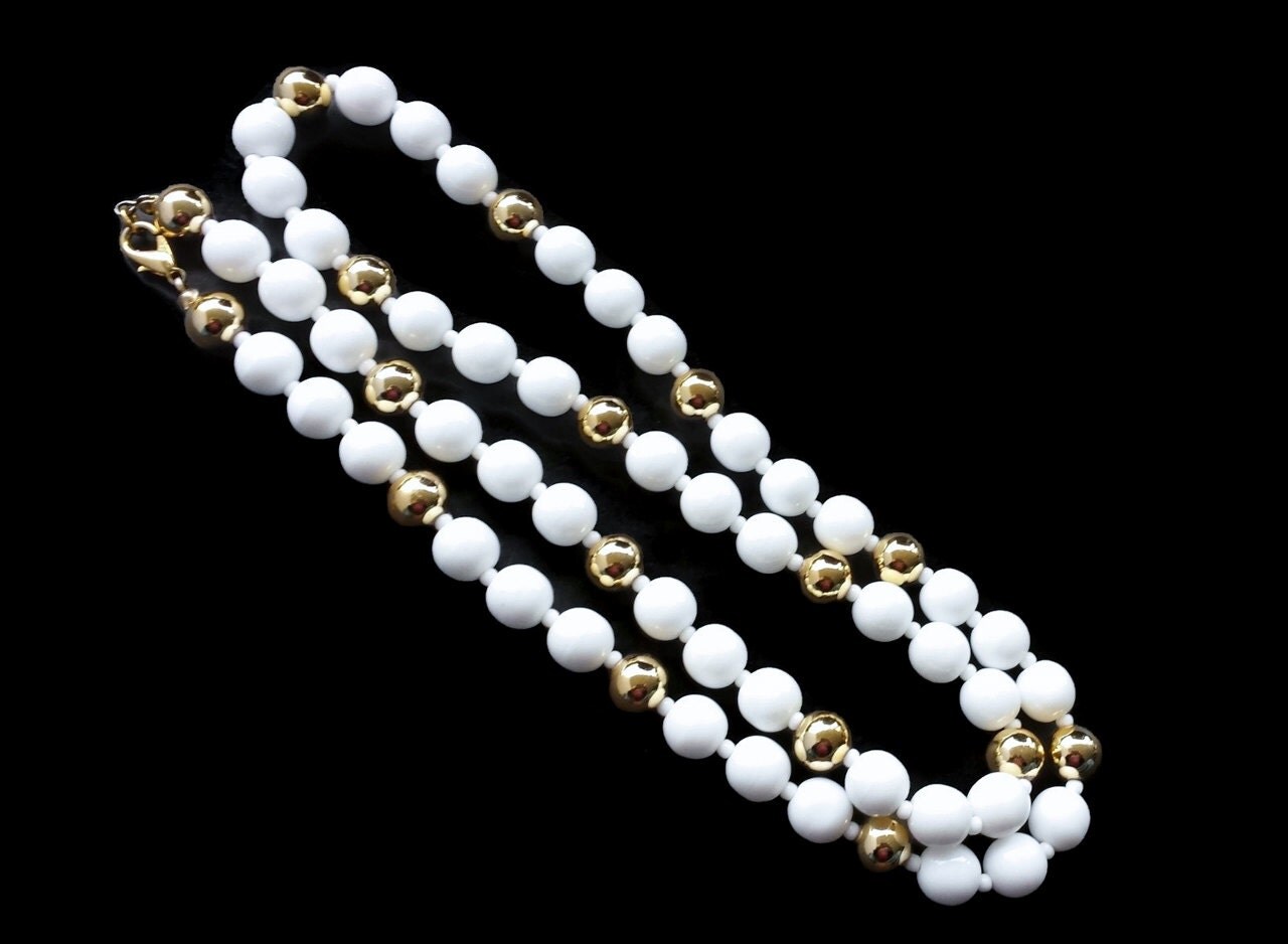 Vintage White Glass Bead Long Necklace with by EclecticVintager