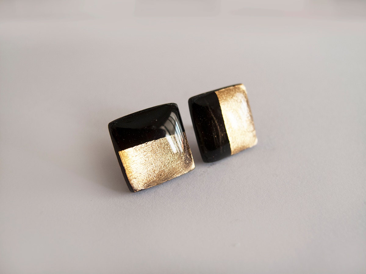 Black Gold Square Stud Earrings Hypoallergenic Surgical