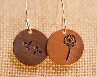 Dandelion Copper Earrings, Copper Pendant Earrings, Dandelion Earrings, Circle Pendant Earrings, Hand Stamped Earrings, Spring Earrings