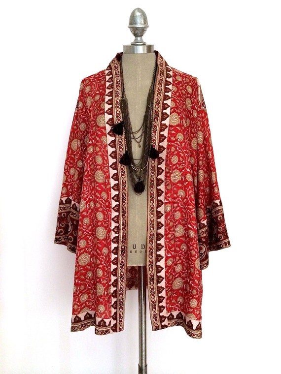 Silk Kimono jacket oversized / cocoon cover up red floral