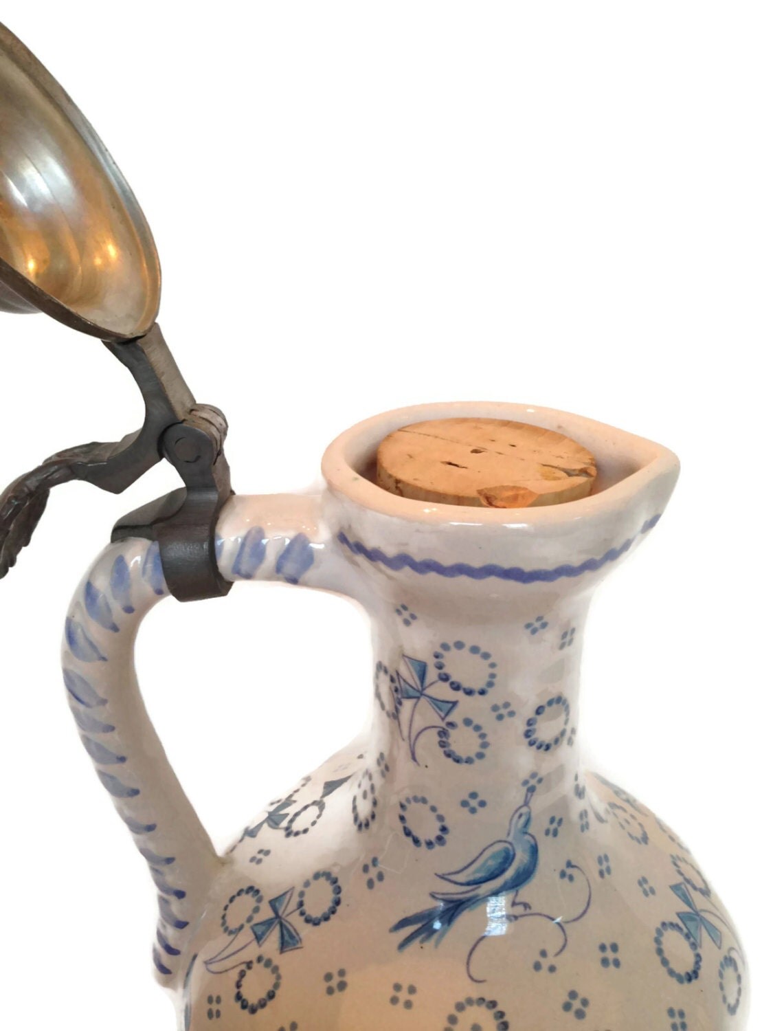 Ulmer Keramik ceramic decanter vintage pewter lid German sparrow