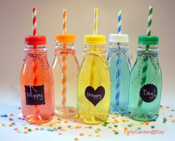 8 Vintage Clear Plastic Milk Bottles and Lids with Straw Holes - Medium 12 oz Il_570xn