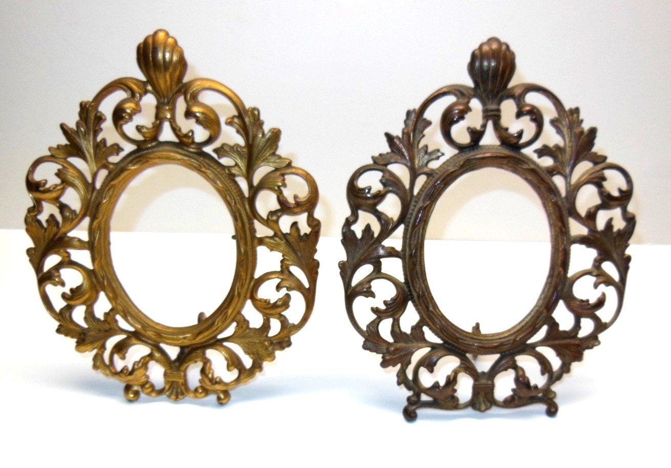 Pair Vintage Antique Brass Oval Frames Ornate