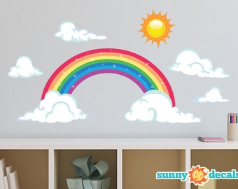 Rainbow Fabric Wall Decal, Sparkling Rainbow Wall Decor with Sun and Clouds, Repositionable, Reusable, Two Size Options - Sunny Decals