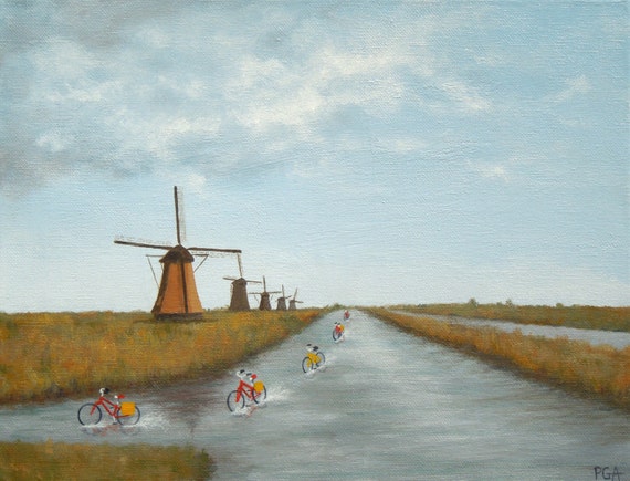 Painting of Dutch windmills and bicycles by ArtisticQuips on Etsy