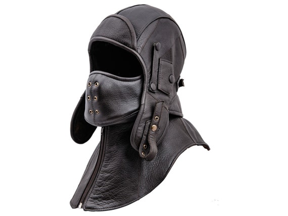 Genuine Leather Aviator / Bomber Cap with detachable collar and mask, polar fleece or cotton lining - dark brown by HatterShop steampunk buy now online