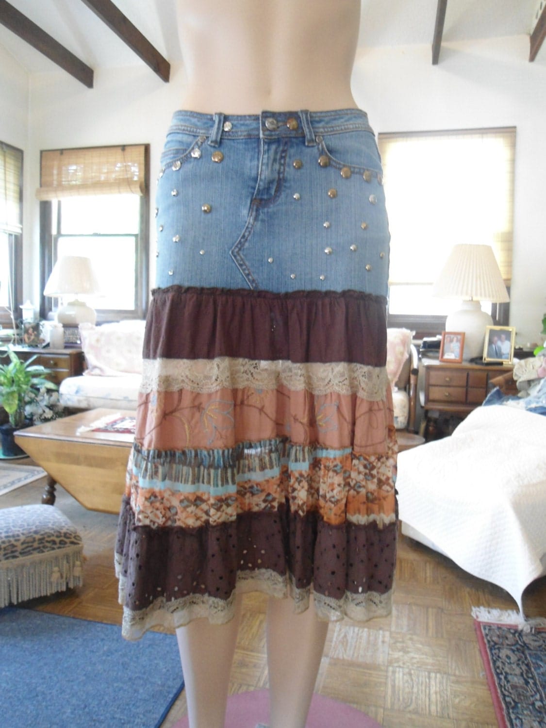 Jean Skirt Upcycled Clothes Studded Denim Broomstick Skirt