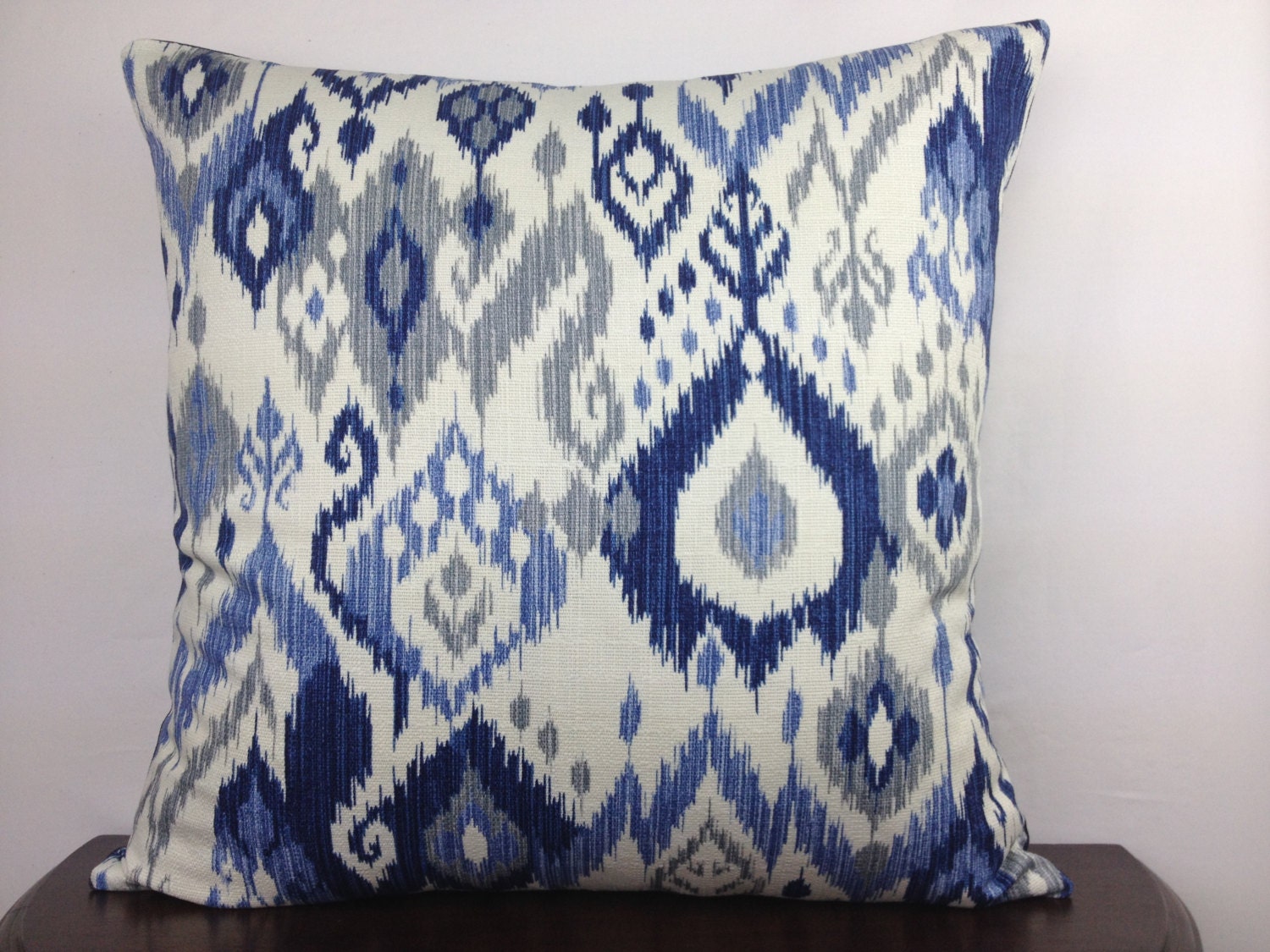 Blue Ikat Pillow Cover 20x20 Off White Blue and Gray Ikat