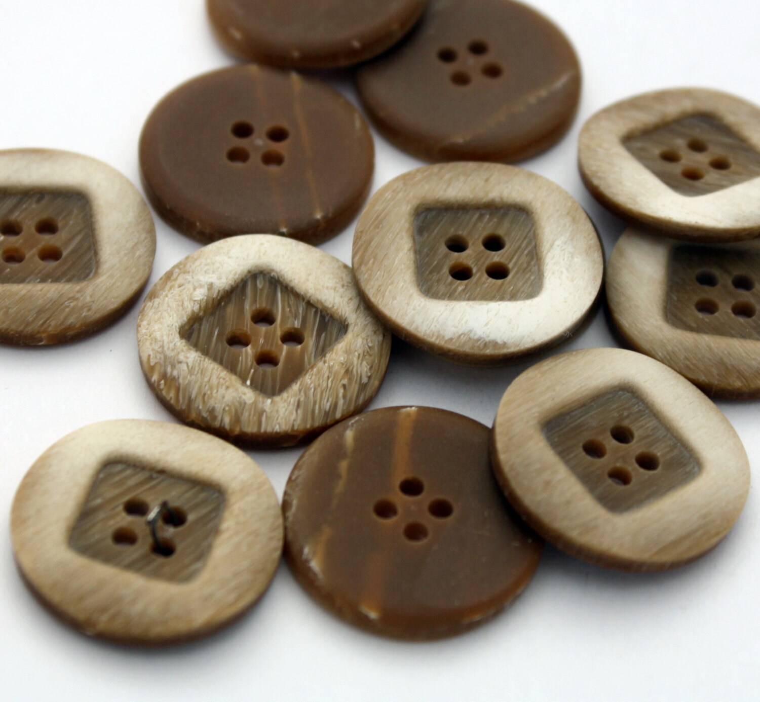 12 Vintage Wood Effect Brown & Cream Colored Buttons 4 hole