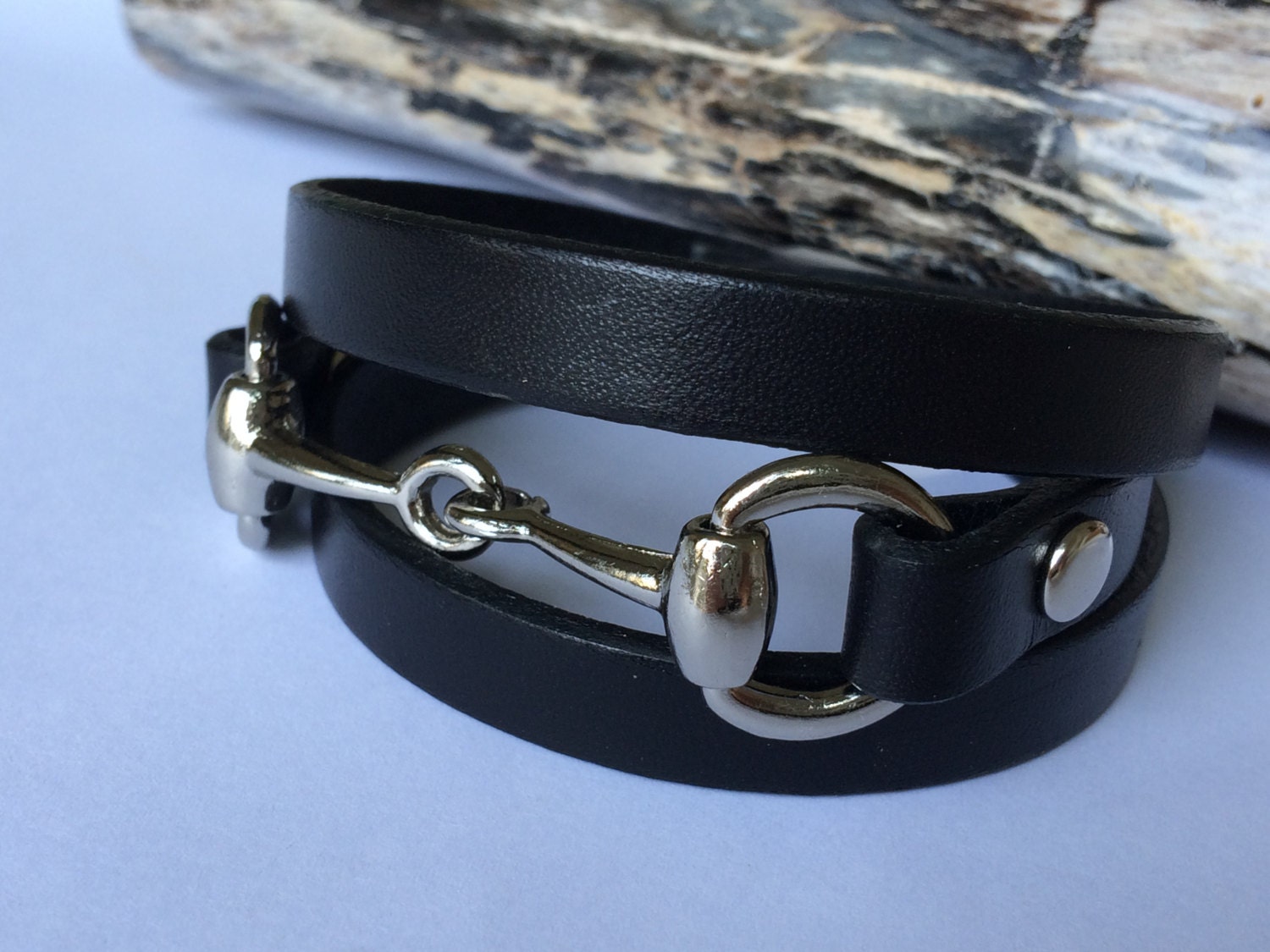 Triple Wrap Black Leather Bracelet with Horse Bit Wrap