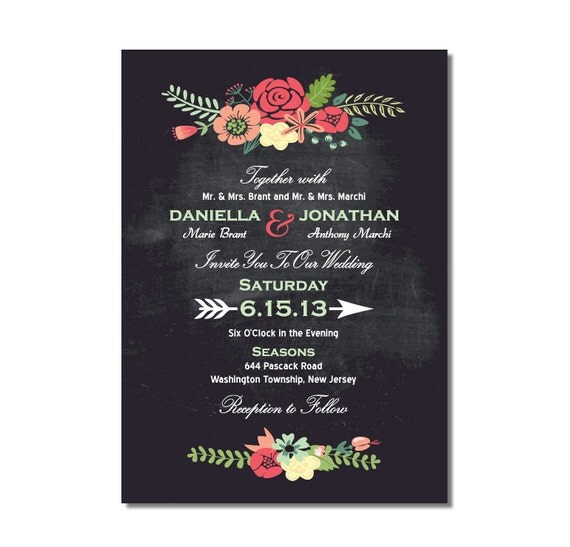 Chalkboard Wedding Invitation with Bright Flowers DIY PRINTABLE Digital File or Print (extra)