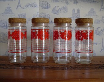 One vintage French jar , red kitchen decor, vintage housewares, glassware, retro kitchen decor , rustic farmhouse decor. .