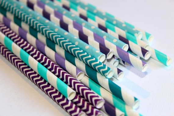 24 mermaid under the sea purple teal chevron polka dot dotted graduation striped stripes paper straw first birthday party bridal baby shower
