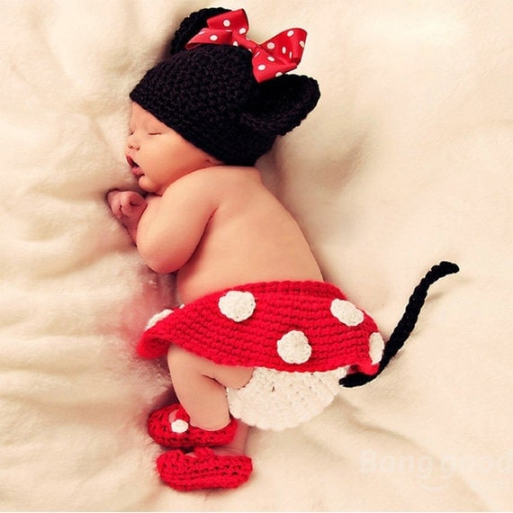 Newborn Baby Girl Crochet Mini Mouse, Hat, Diaper Cover, Booties Photo Prop