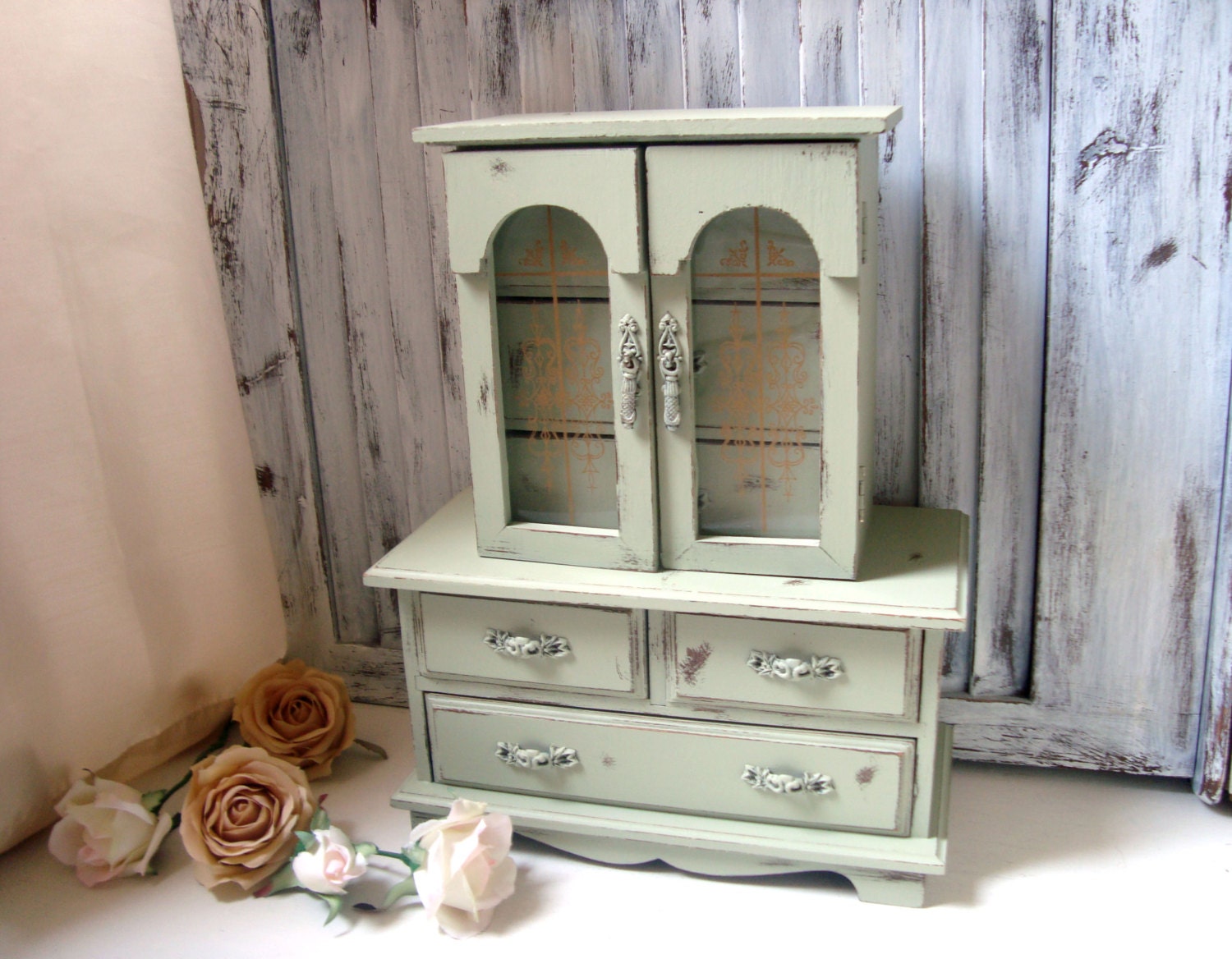 Sage Green Vintage Jewelry Box Green Wooden Jewelry Holder