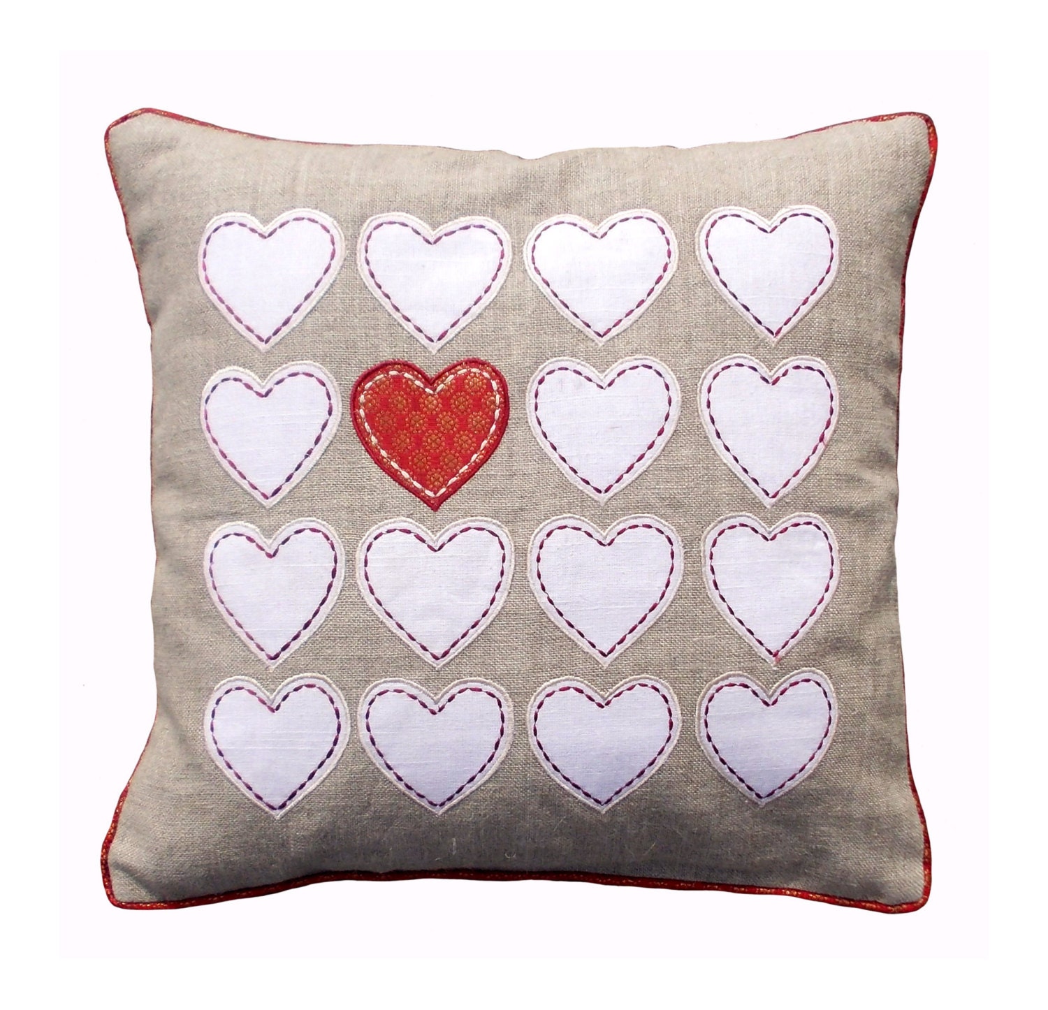 Valentine pillow cover heart motif linen with brocade